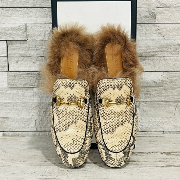 Gucci Princetown Python Fur Slipper EU 38 US 8 Horsebit Mule Loafer Flats Beige - Picture 14 of 16
